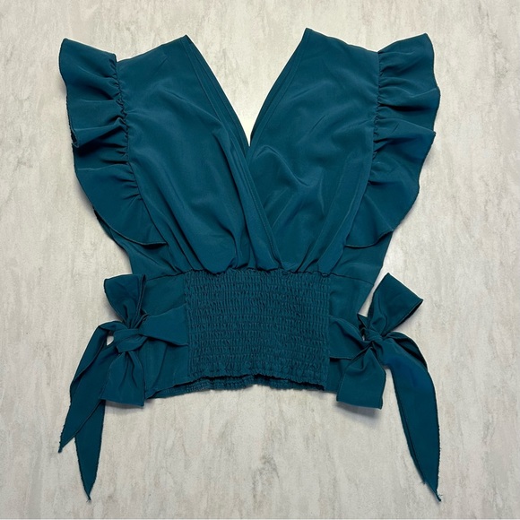 Teal Ruffle V-Neck Crop Top with Side Ties or tie in back - Picture 2 of 6